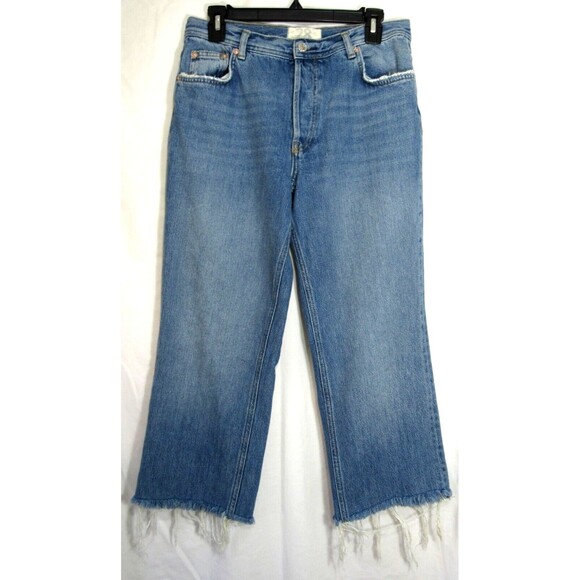 We The Free Free People Blue Button Fly Ankle Raw Hem Blue Jeans Size 28 EUC - Picture 1 of 4